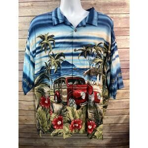 NEW BIG DOGS HAWAIIAN WOODY WAGON/SURFBOARD S/S RAYON CAMP SHIRT BLUE 3X / 3XL